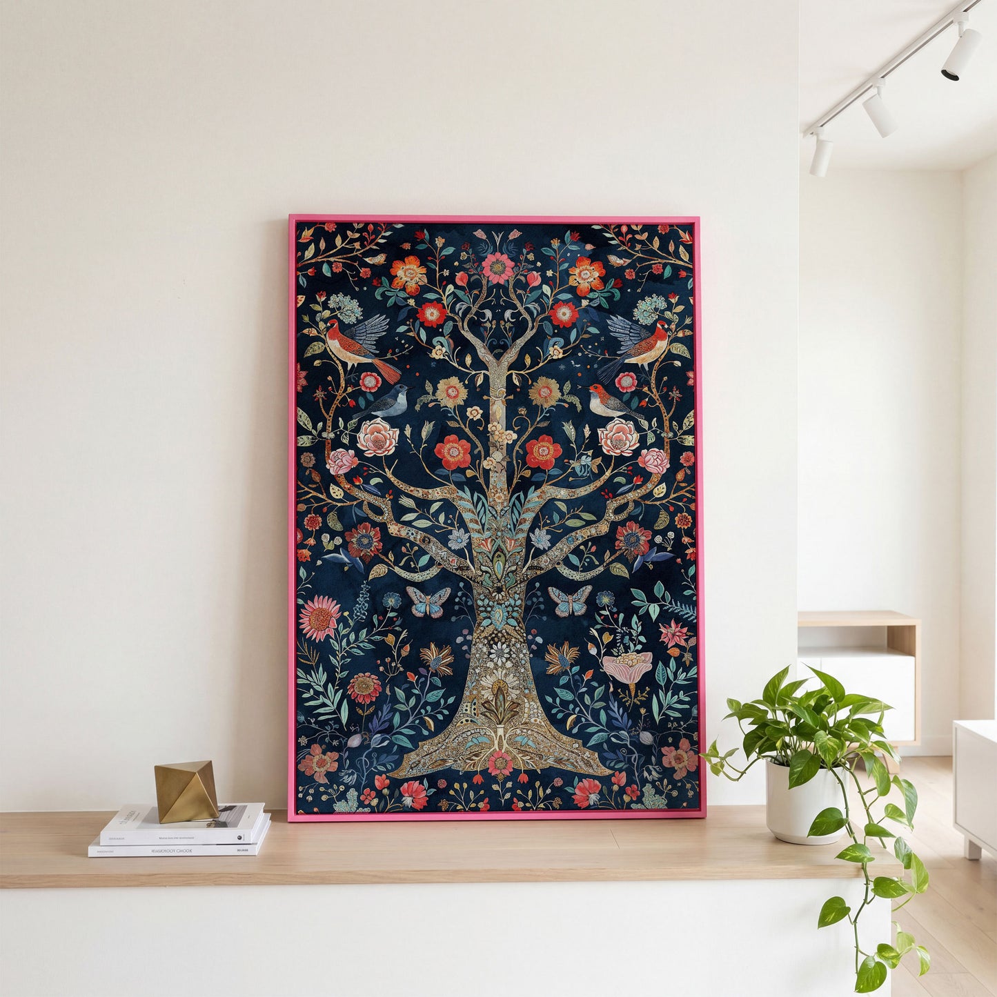 Mystical Flower Tree of Life with Birds Canvas in pink floating frame