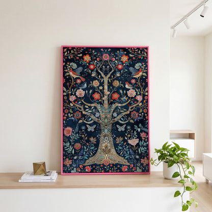 Mystical Flower Tree of Life with Birds Canvas in pink floating frame