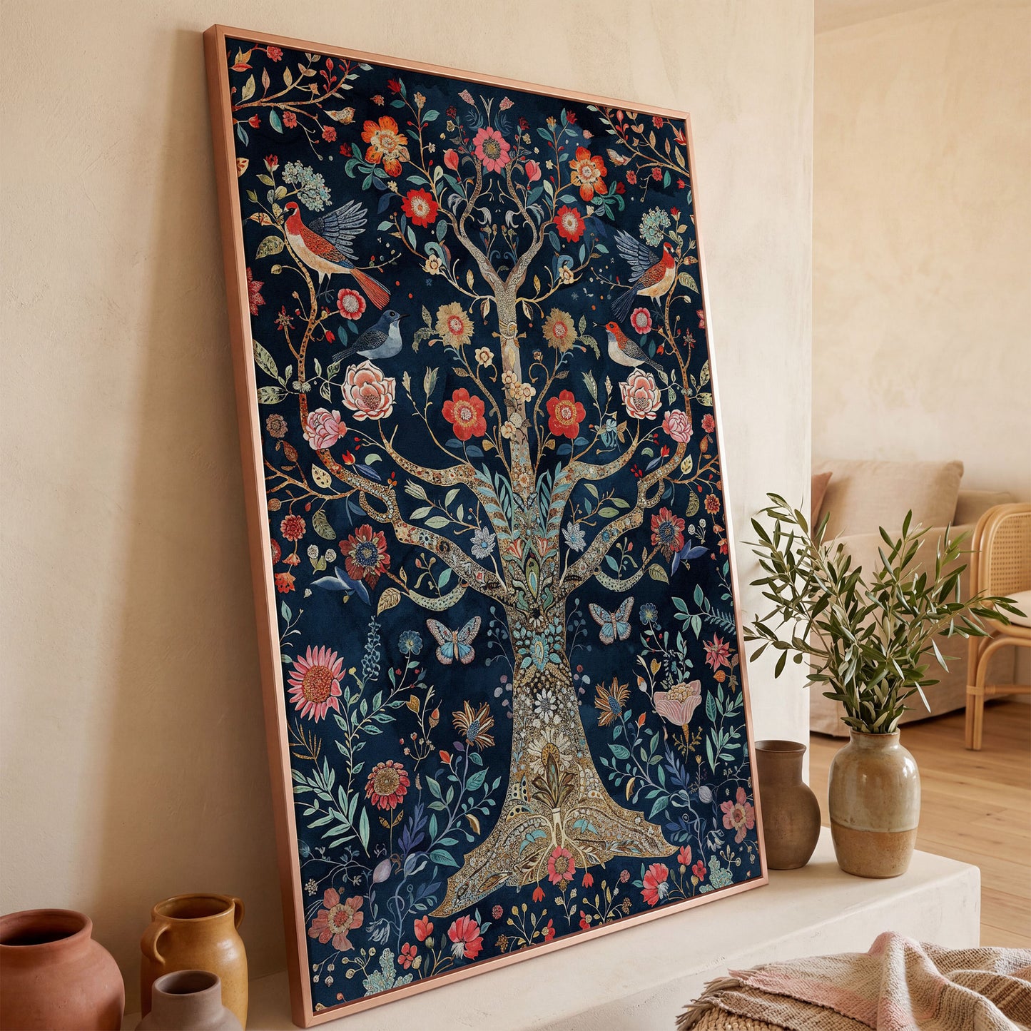 Mystical Flower Tree of Life with Birds Canvas in rose gold floating frame