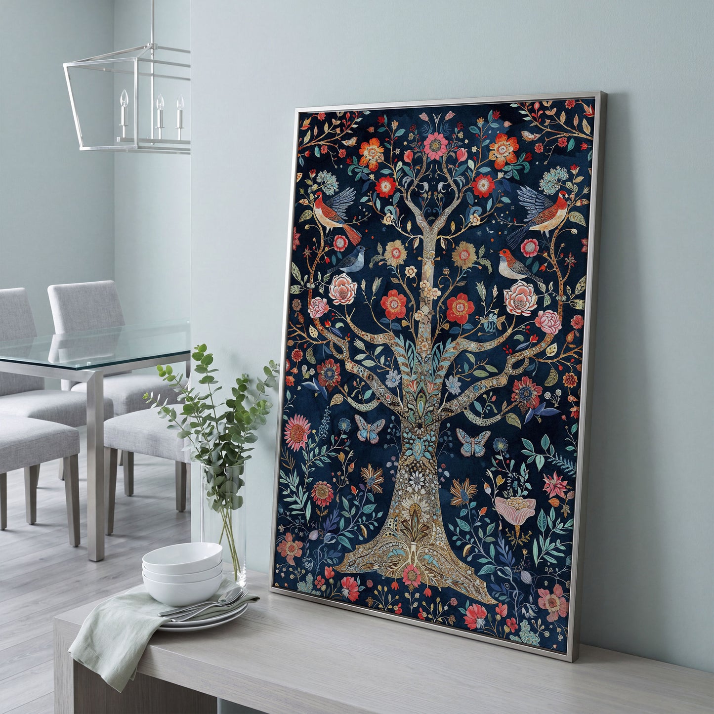 Mystical Flower Tree of Life with Birds Canvas in silver floating frame
