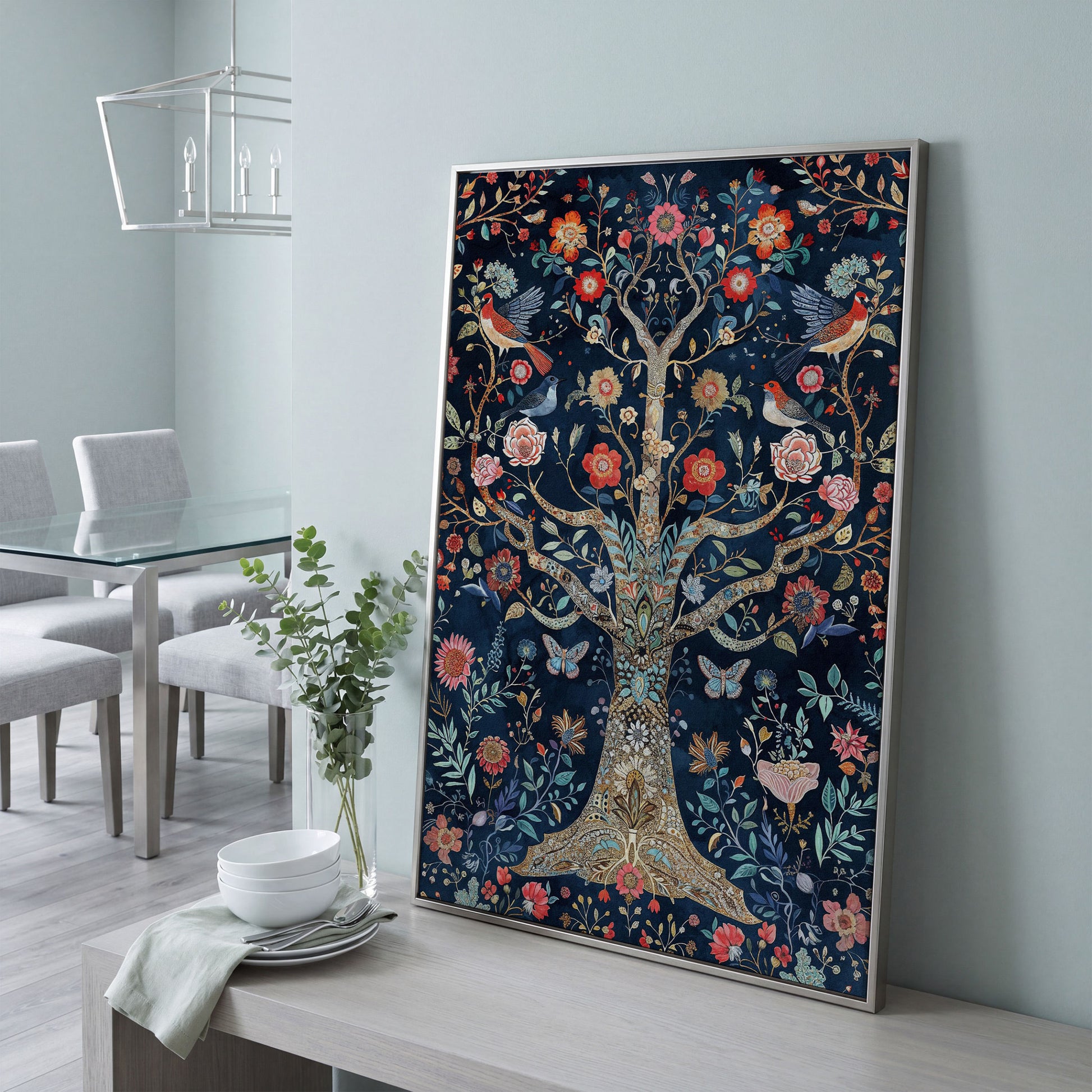 Mystical Flower Tree of Life with Birds Canvas in silver floating frame