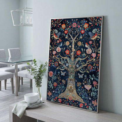 Mystical Flower Tree of Life with Birds Canvas in silver floating frame