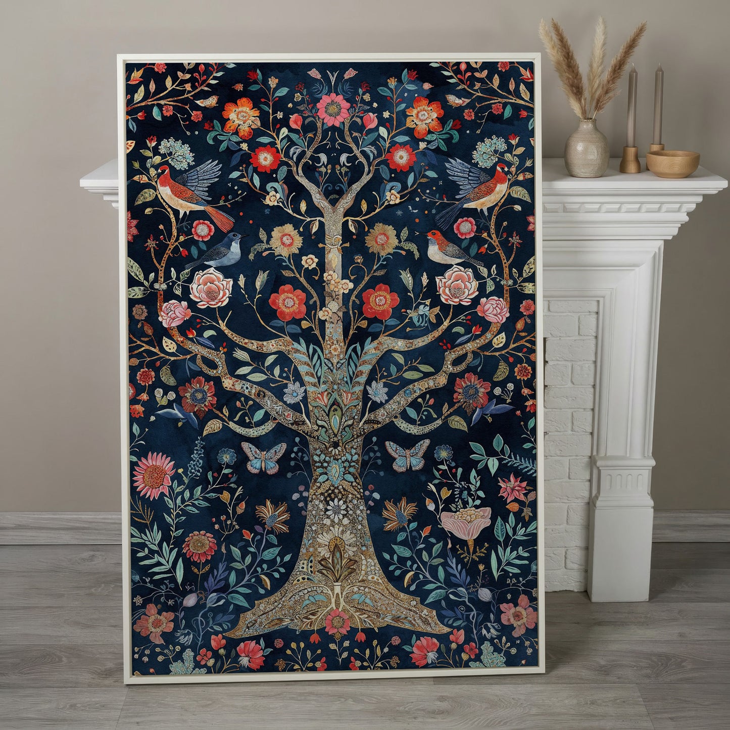 Mystical Flower Tree of Life with Birds Canvas in white floating frame