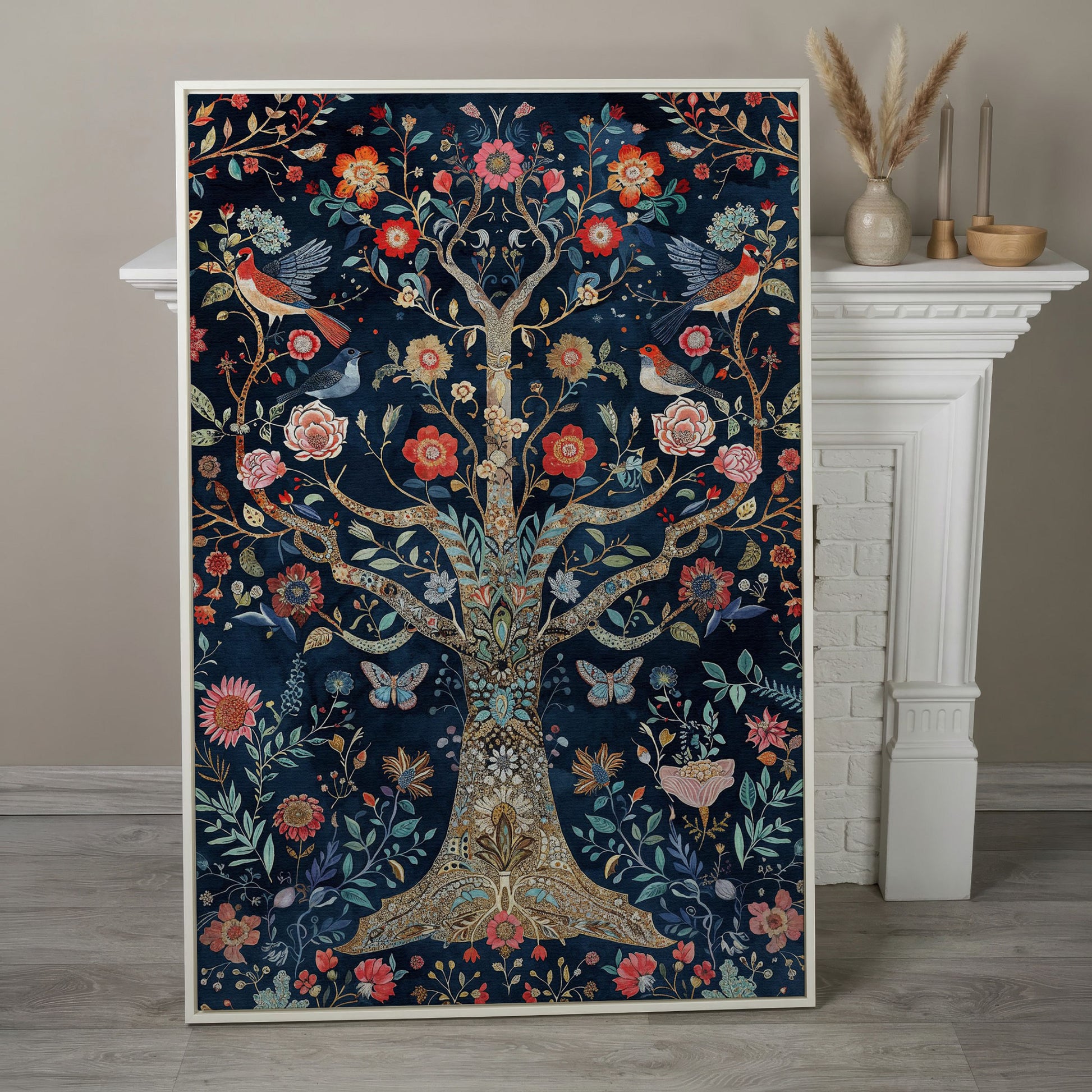 Mystical Flower Tree of Life with Birds Canvas in white floating frame