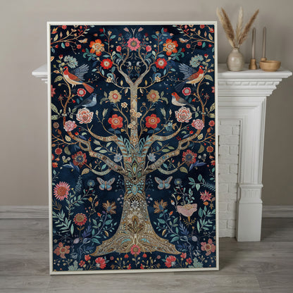 Mystical Flower Tree of Life with Birds Canvas in white floating frame