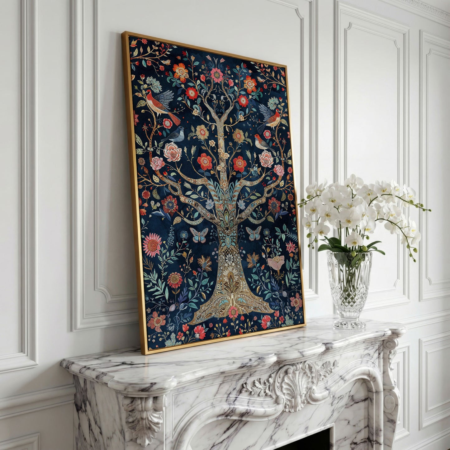 Mystical Flower Tree of Life with Birds Canvas in yellow gold floating frame