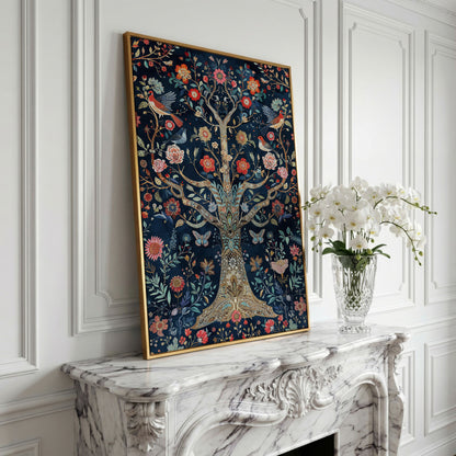 Mystical Flower Tree of Life with Birds Canvas in yellow gold floating frame