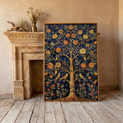 Tree of Life with Birds and Fruit Canvas Print in antique gold floating frame