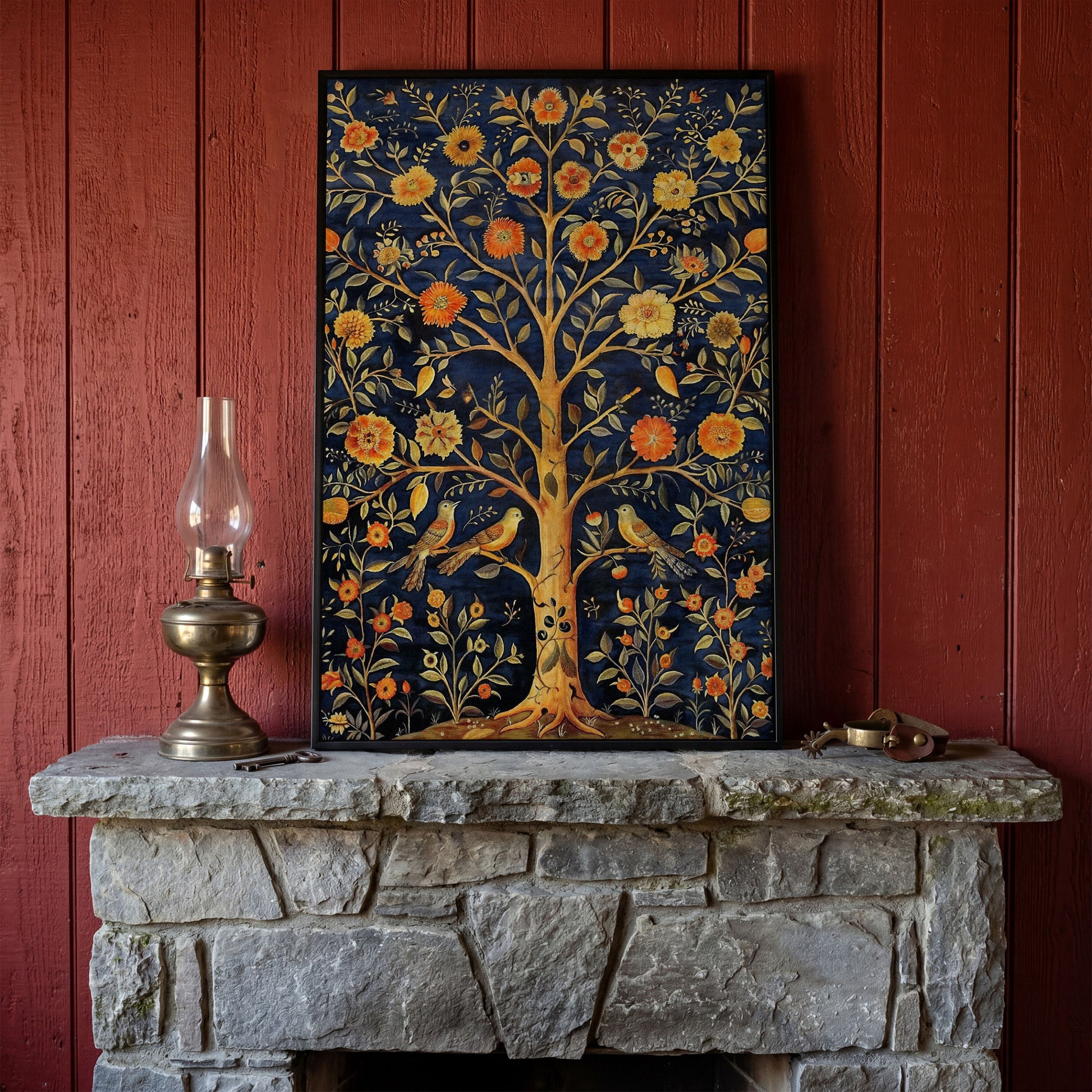 Tree of Life with Birds and Fruit Canvas Print in black floating frame