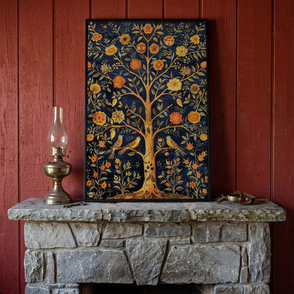 Tree of Life with Birds and Fruit Canvas Print in black floating frame