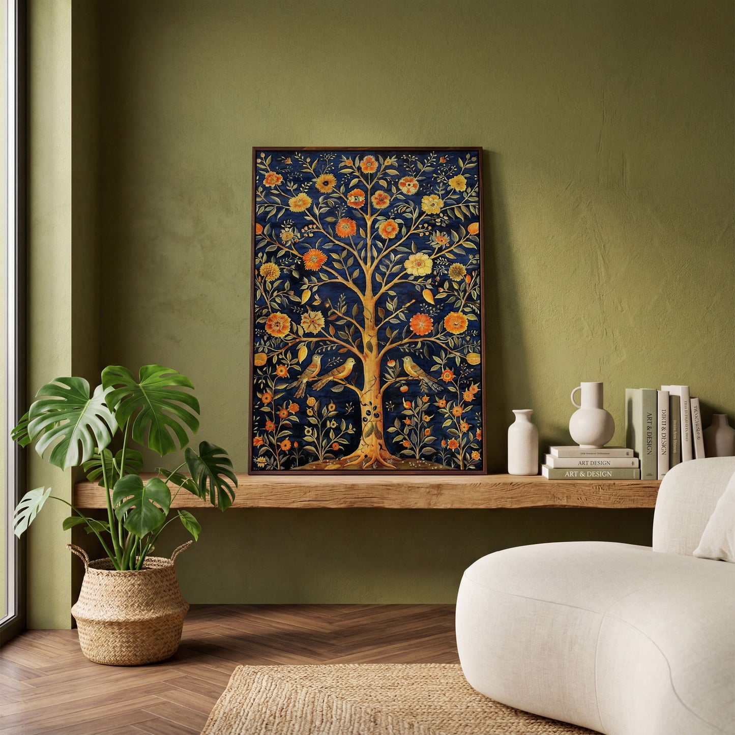 Tree of Life with Birds and Fruit Canvas Print in dark walnut floating frame