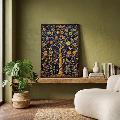 Tree of Life with Birds and Fruit Canvas Print in dark walnut floating frame