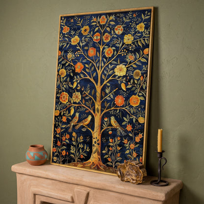 Tree of Life with Birds and Fruit Canvas Print in white oak floating frame