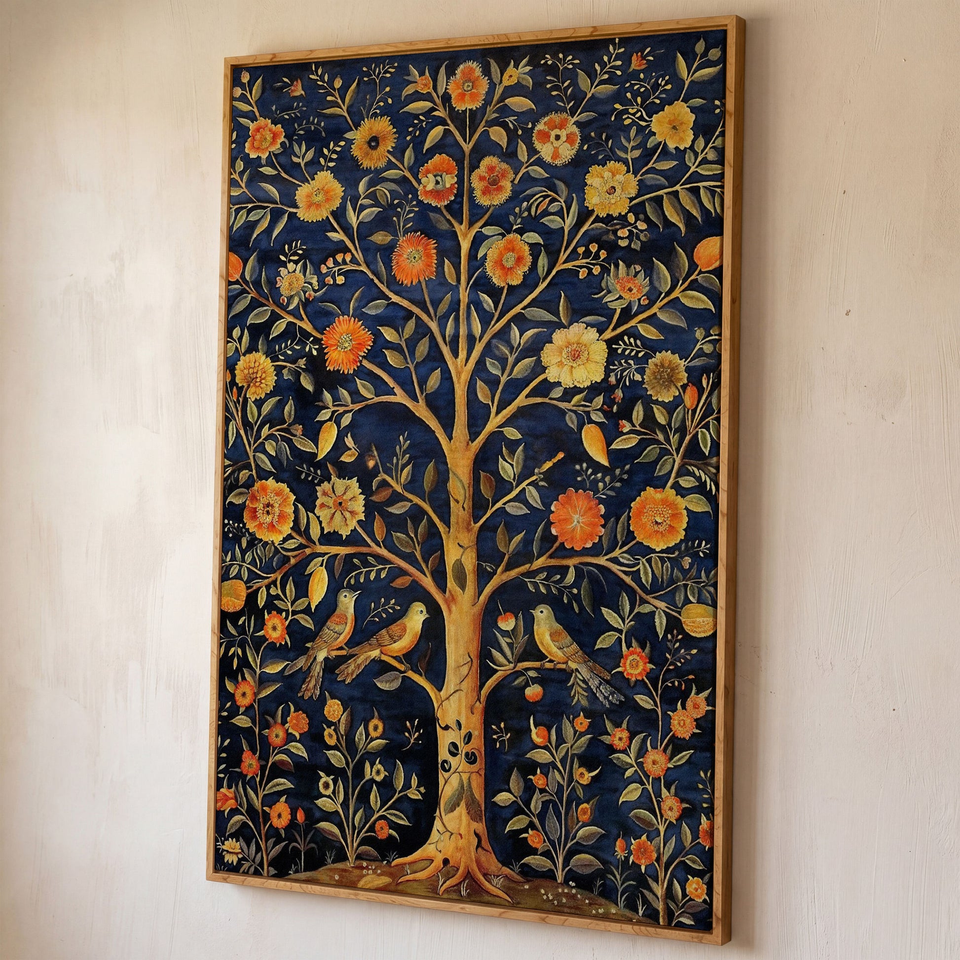 Tree of Life with Birds and Fruit Canvas Print shown in white oak floating frame