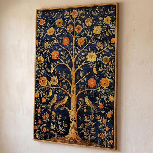 Tree of Life with Birds and Fruit Canvas Print shown in white oak floating frame