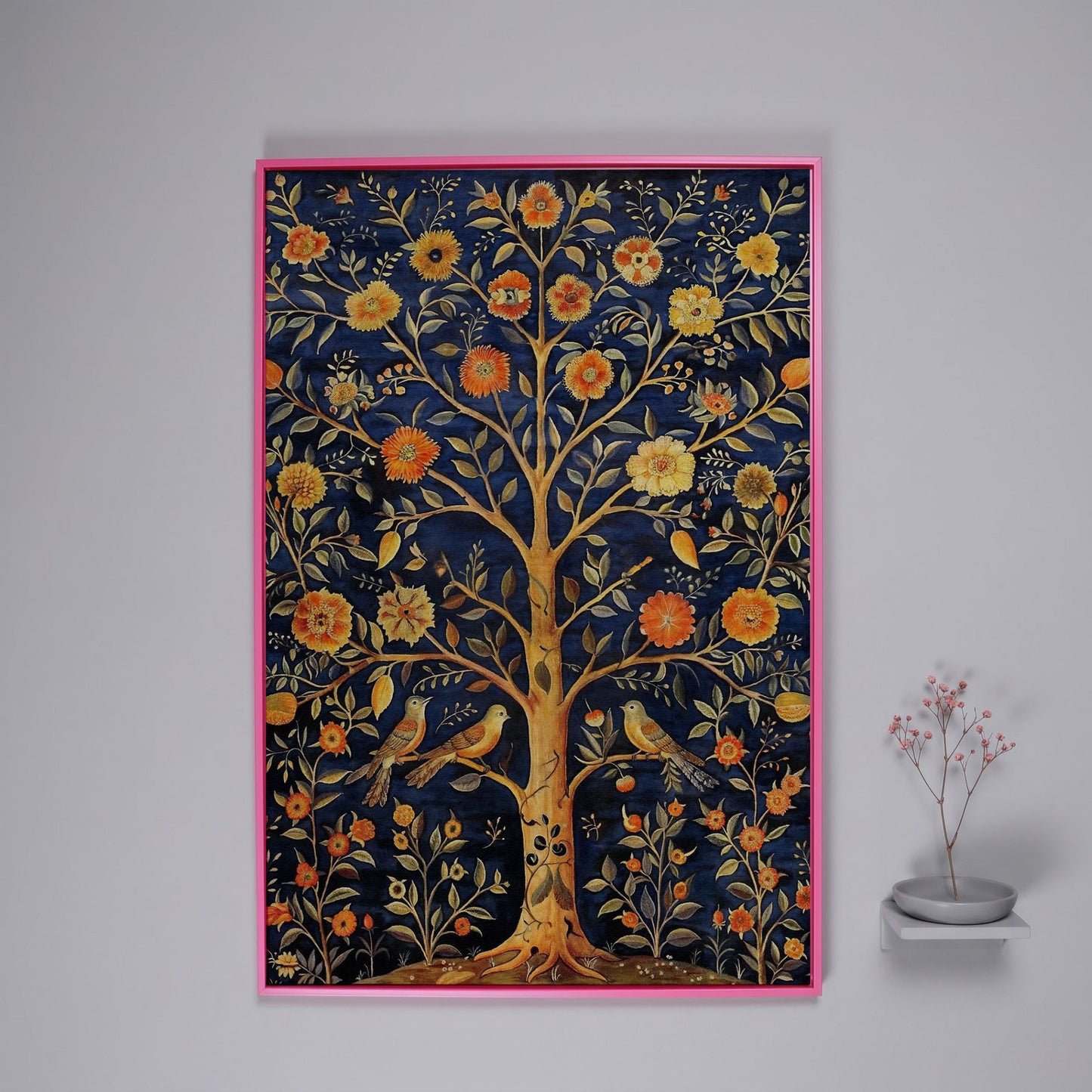 Tree of Life with Birds and Fruit Canvas Print in pink floating frame