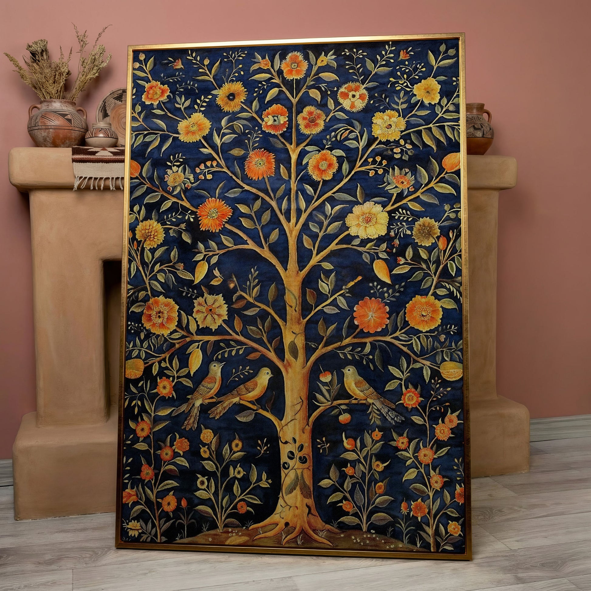 Tree of Life with Birds and Fruit Canvas Print in rose gold floating frame