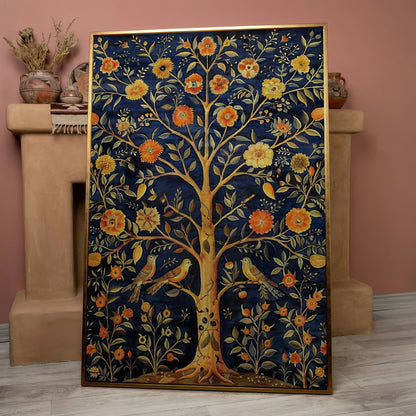Tree of Life with Birds and Fruit Canvas Print in rose gold floating frame