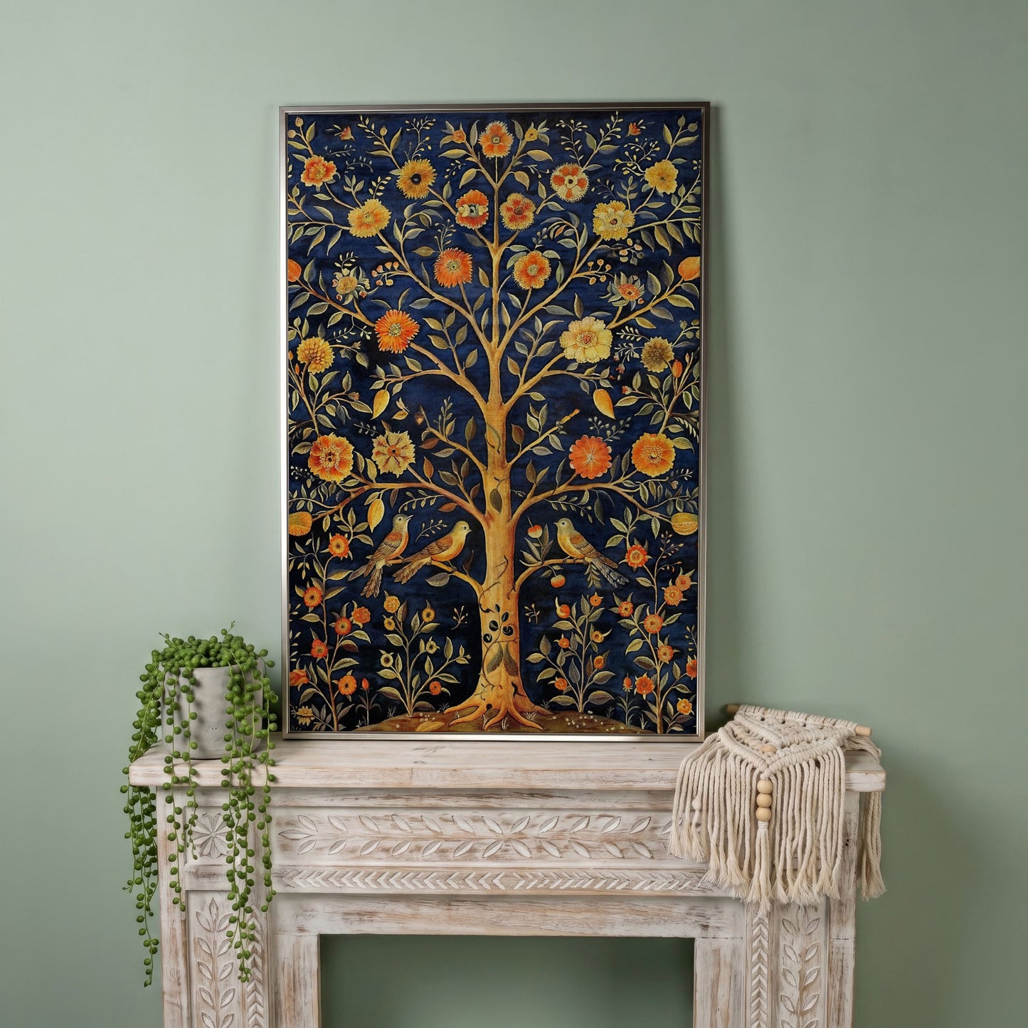 Tree of Life with Birds and Fruit Canvas Print in silver floating frame