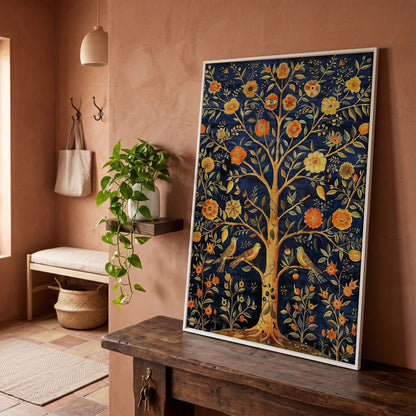 Tree of Life with Birds and Fruit Canvas Print in white floating frame