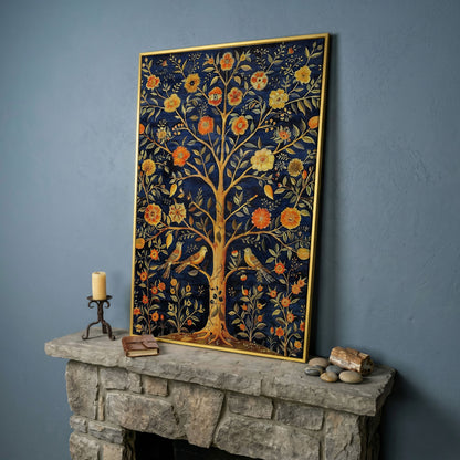 Tree of Life with Birds and Fruit Canvas Print in yellow gold floating frame