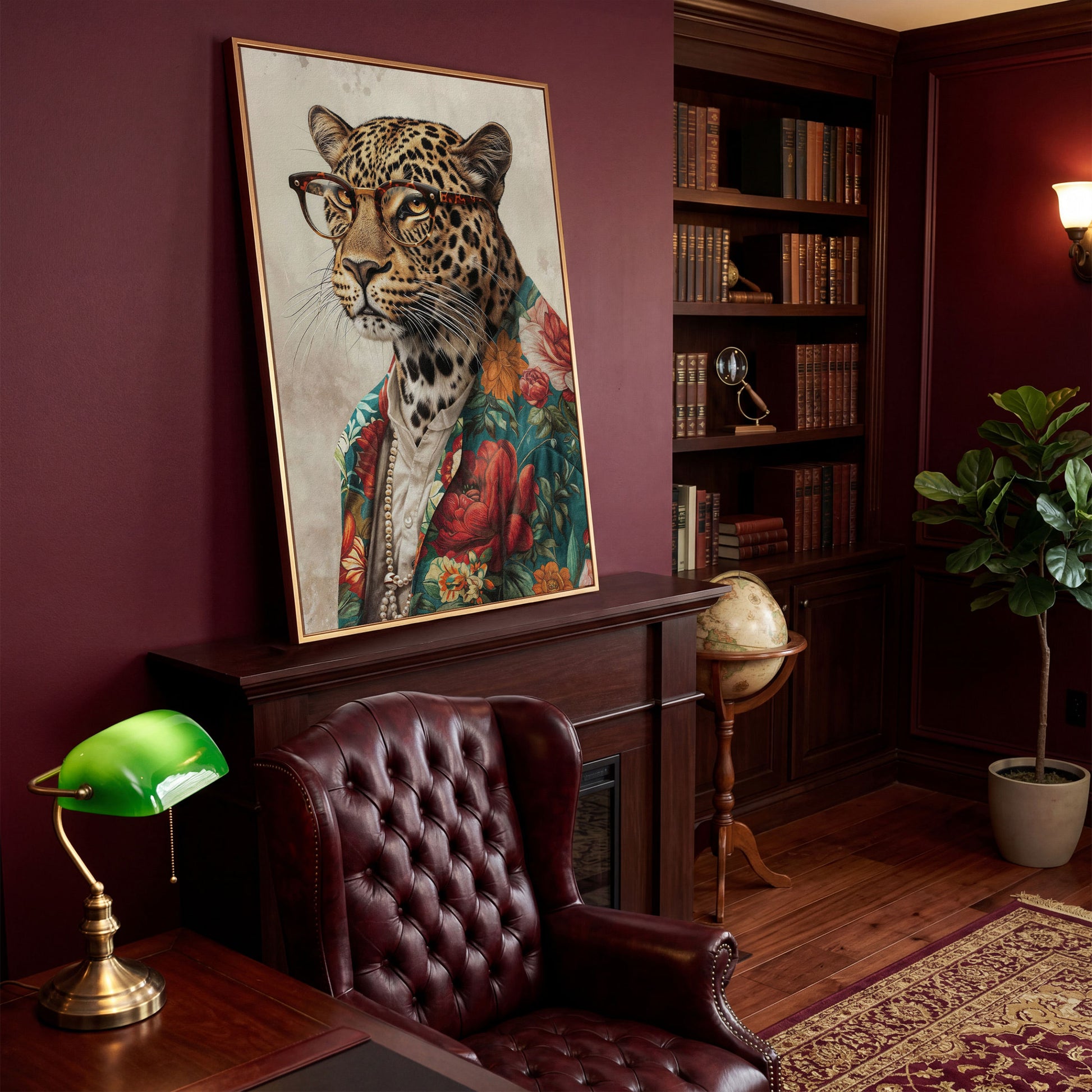 Leopard in Glasses with Pearls Canvas Art in antique gold floating frame