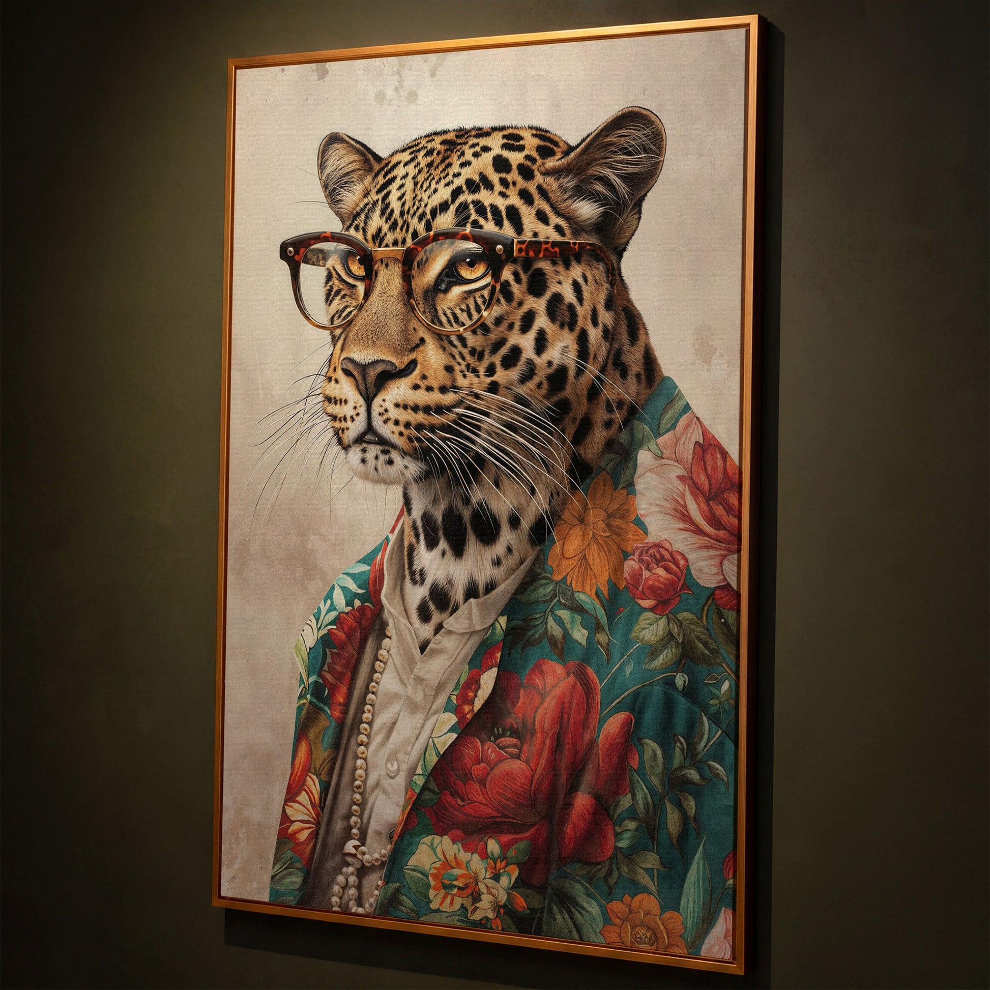 Leopard in Glasses with Pearls Canvas Art shown in antique gold floating frame
