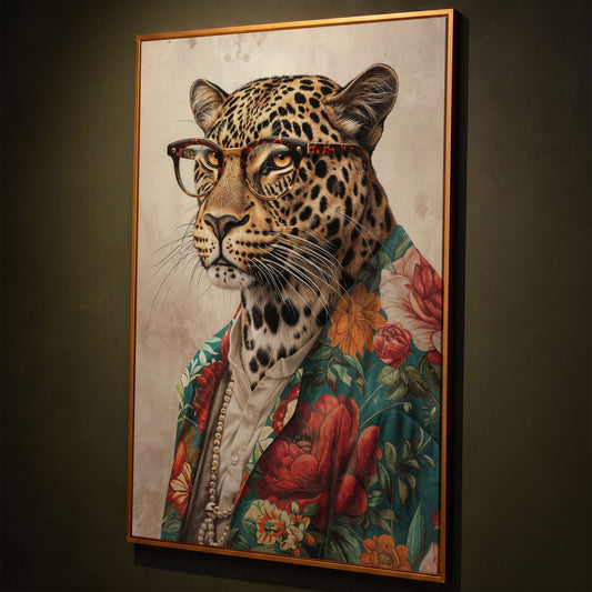 Leopard in Glasses with Pearls Canvas Art shown in antique gold floating frame