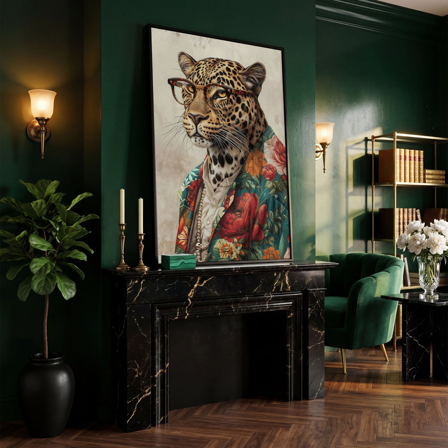Leopard in Glasses with Pearls Canvas Art in black floating frame