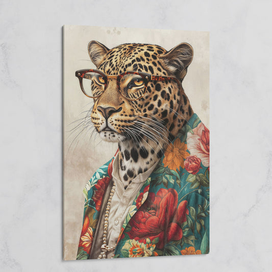 Leopard in Glasses with Pearls Canvas Art on gallery wrap