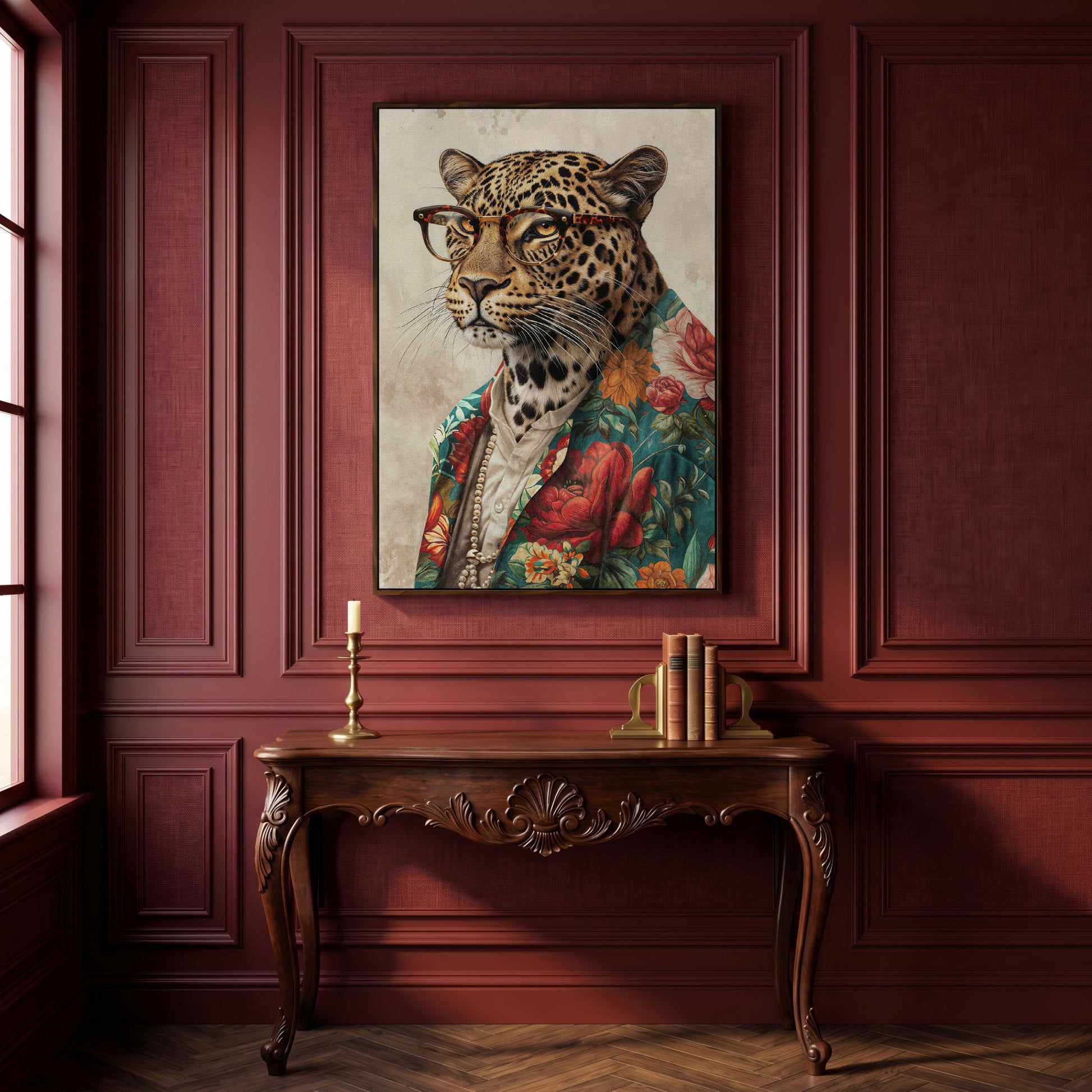 Leopard in Glasses with Pearls Canvas Art in dark walnut floating frame