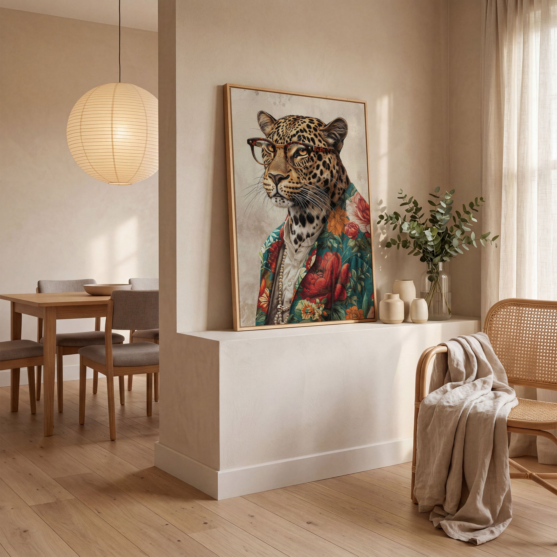 Leopard in Glasses with Pearls Canvas Art in white oak floating frame