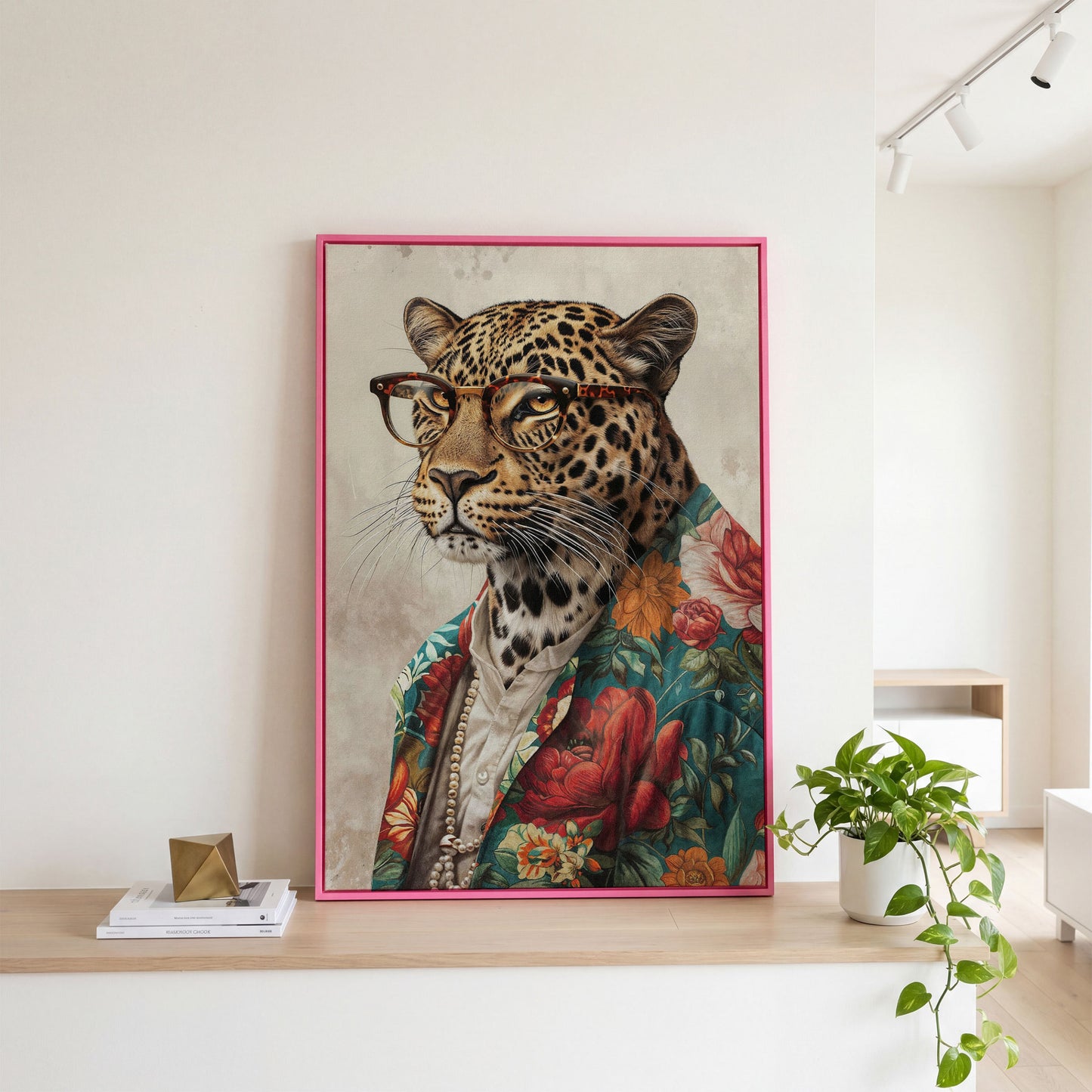 Leopard in Glasses with Pearls Canvas Art in pink floating frame