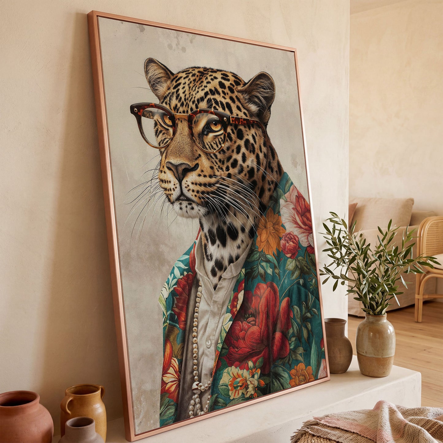 Leopard in Glasses with Pearls Canvas Art in rose gold floating frame