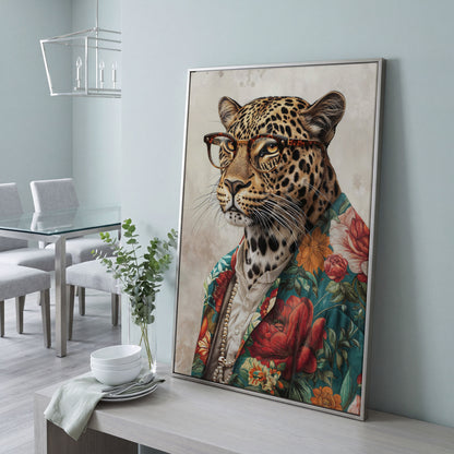 Leopard in Glasses with Pearls Canvas Art in silver floating frame