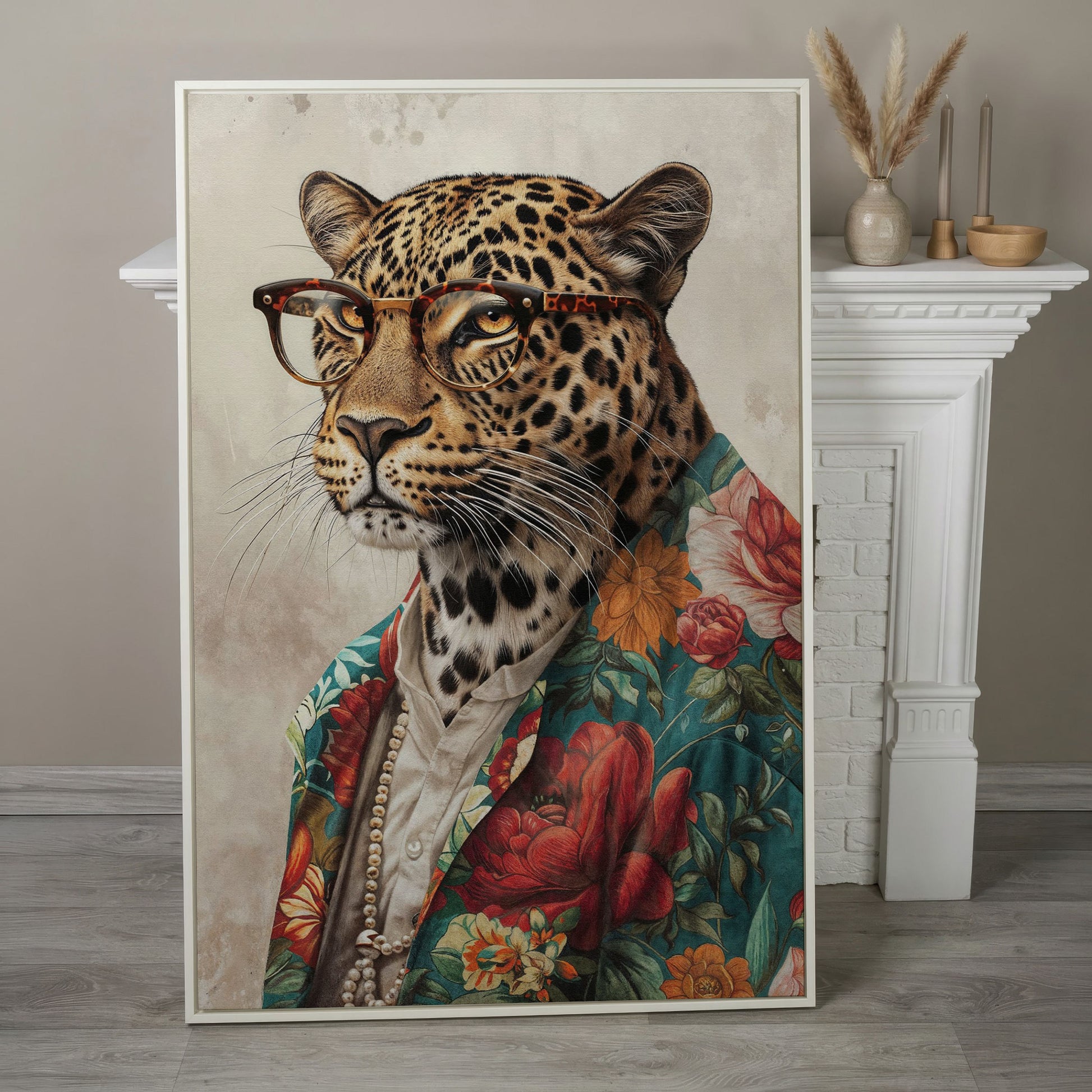 Leopard in Glasses with Pearls Canvas Art in white floating frame