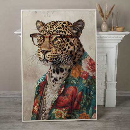 Leopard in Glasses with Pearls Canvas Art in white floating frame