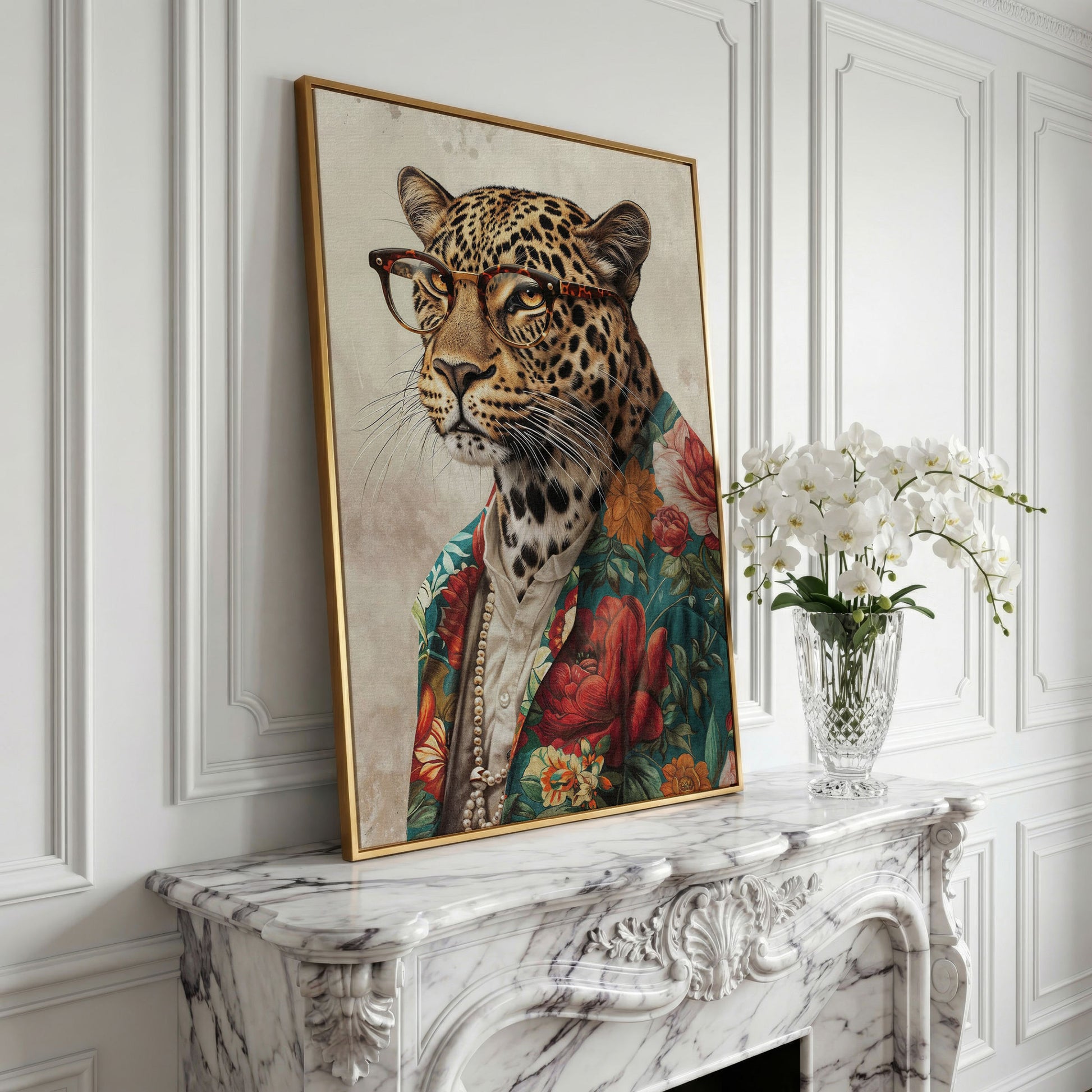 Leopard in Glasses with Pearls Canvas Art in yellow gold floating frame