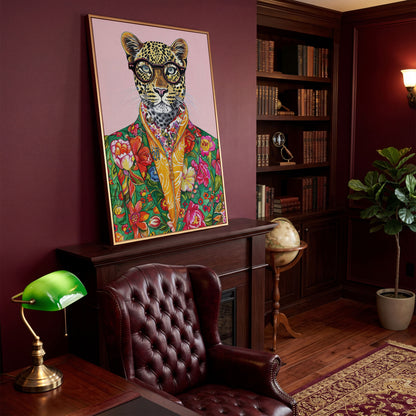 Quirky Leopard in Floral Suit Canvas Print in antique gold floating frame