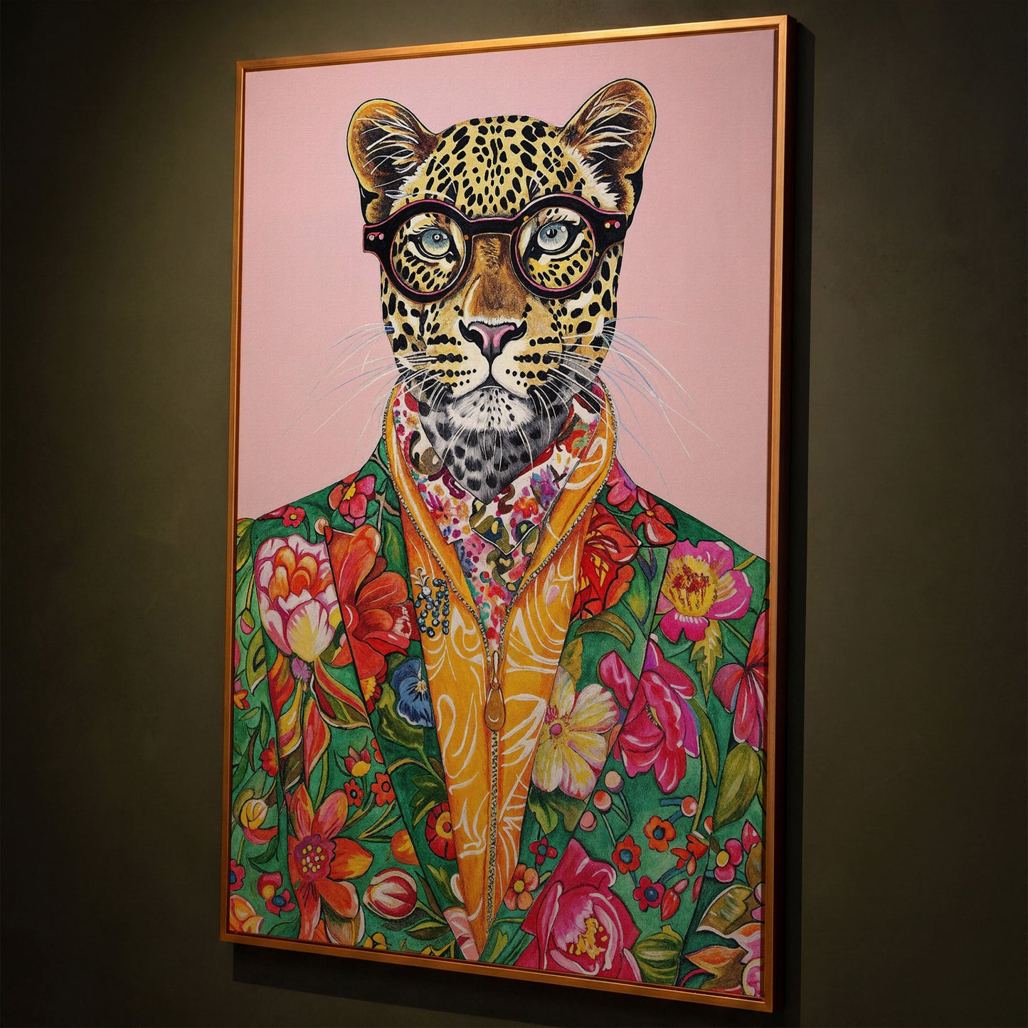 Quirky Leopard in Floral Suit Canvas Print shown in antique gold floating frame