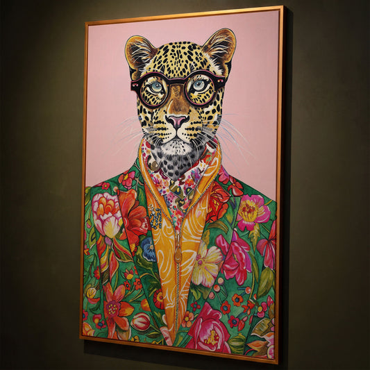 Quirky Leopard in Floral Suit Canvas Print shown in antique gold floating frame