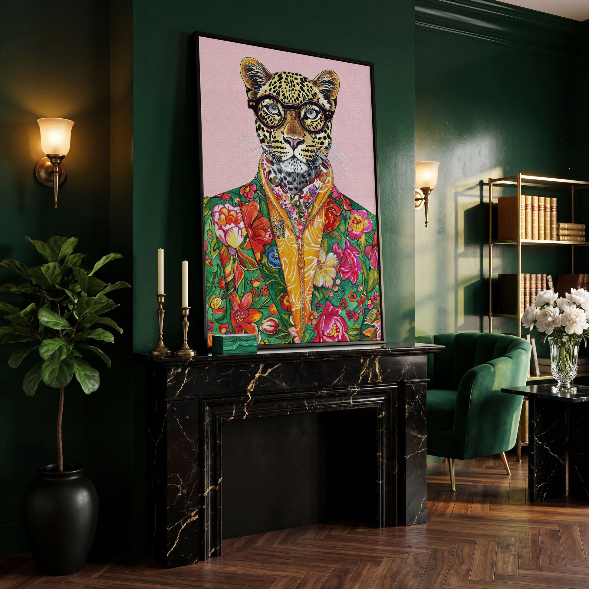 Quirky Leopard in Floral Suit Canvas Print in black floating frame