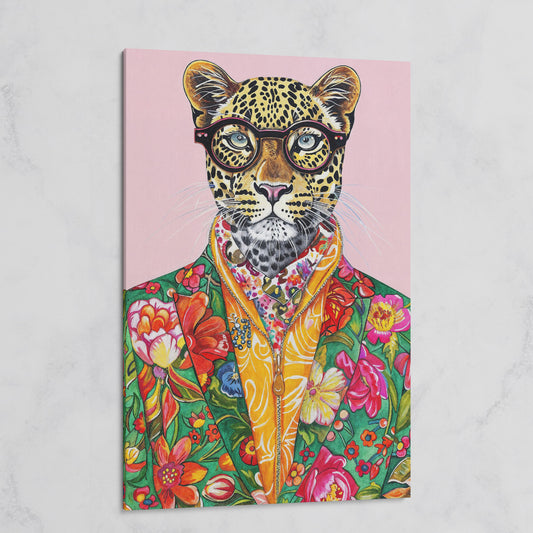 Quirky Leopard in Floral Suit Canvas Print on gallery wrap