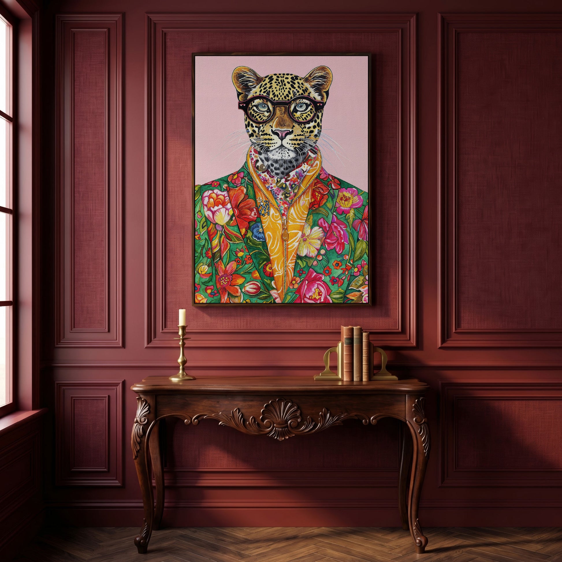 Quirky Leopard in Floral Suit Canvas Print in dark walnut floating frame