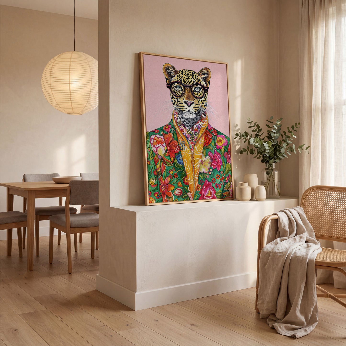 Quirky Leopard in Floral Suit Canvas Print in white oak floating frame