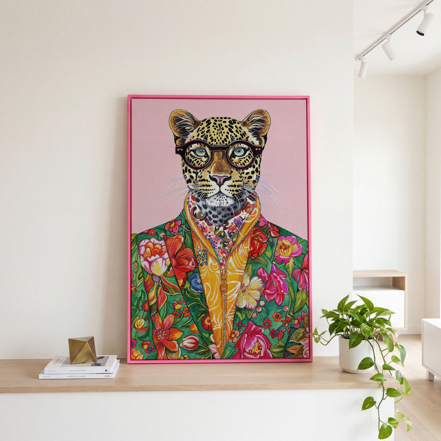Quirky Leopard in Floral Suit Canvas Print in pink floating frame