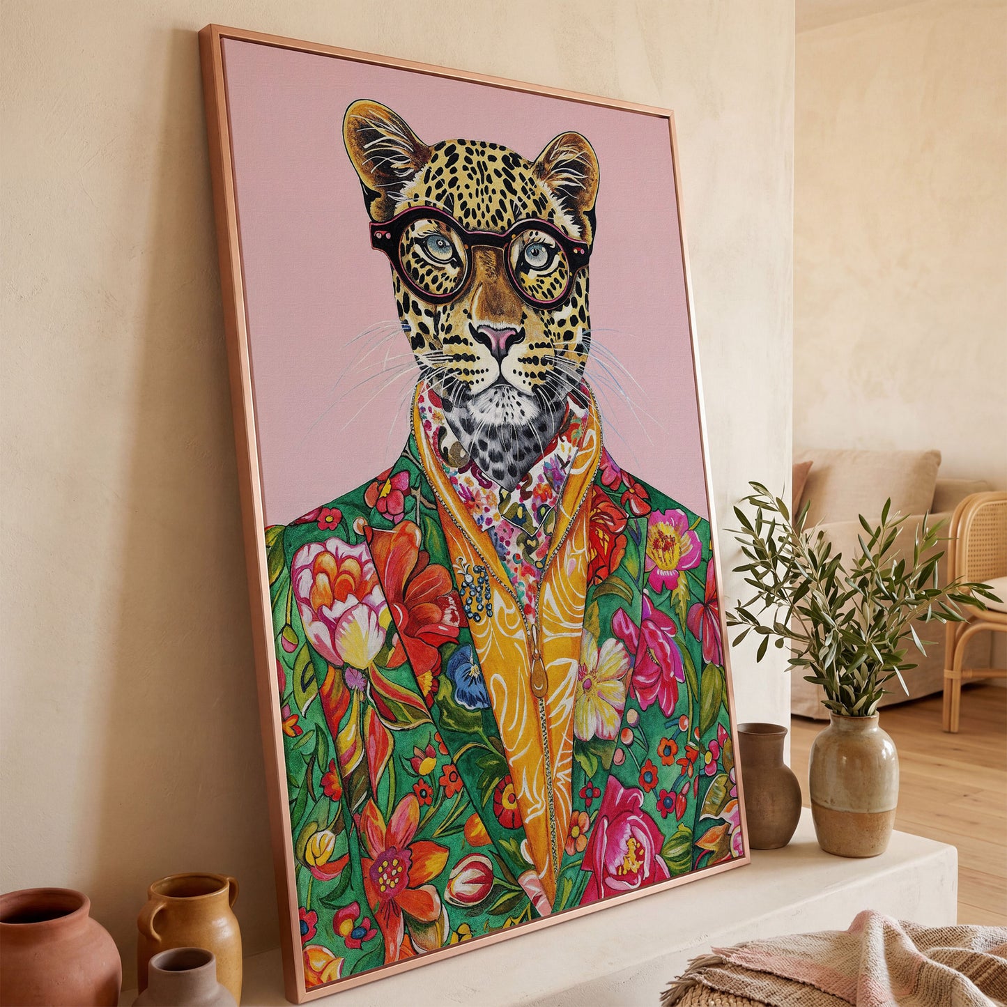 Quirky Leopard in Floral Suit Canvas Print in rose gold floating frame