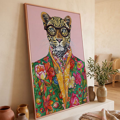 Quirky Leopard in Floral Suit Canvas Print in rose gold floating frame