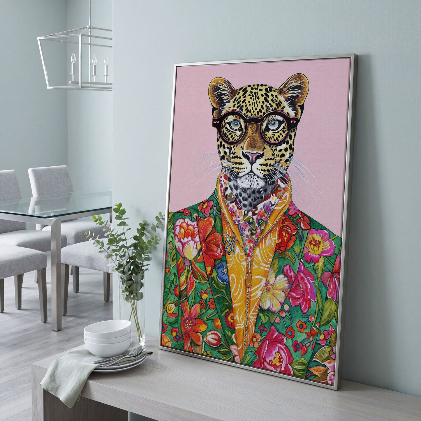 Quirky Leopard in Floral Suit Canvas Print in silver floating frame