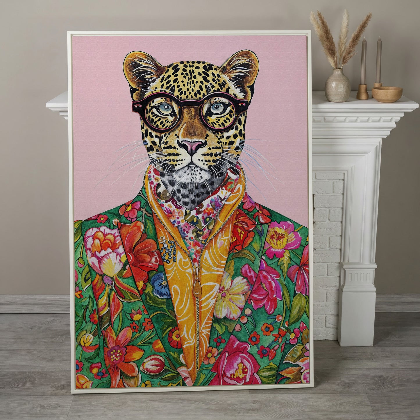 Quirky Leopard in Floral Suit Canvas Print in white floating frame